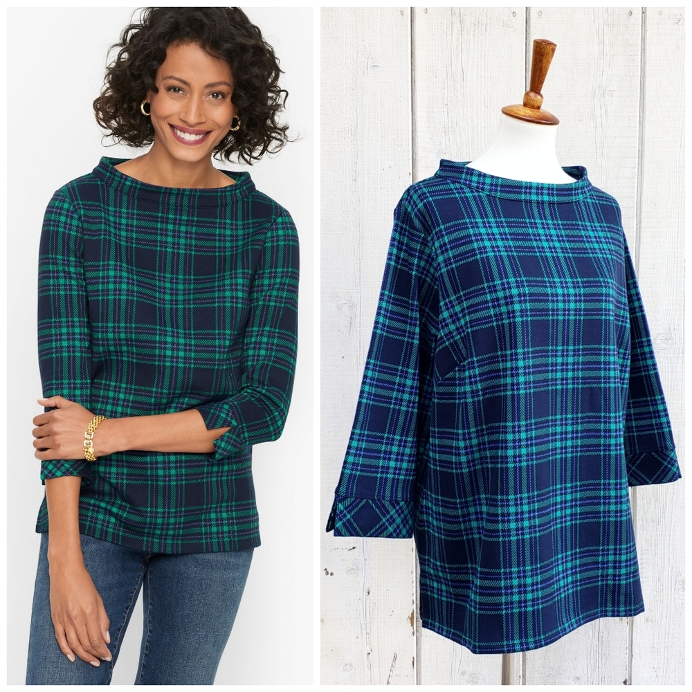 NWT Talbots Funnel Neck Blue Green Check Plaid Top Size 2X